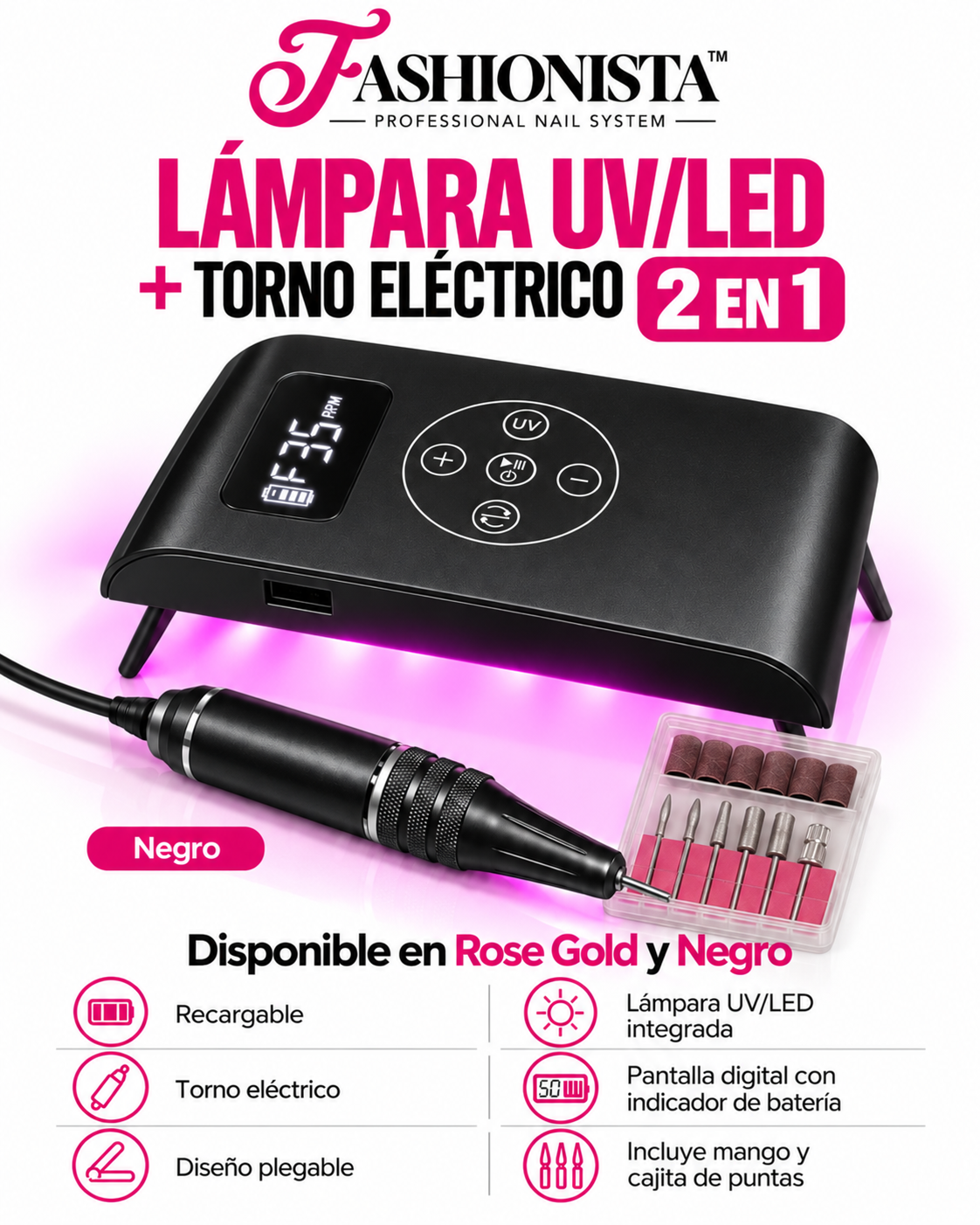 LÁMPARA UV/LED + TORNO ELÉCTRICO 2 EN 1 - (Black)