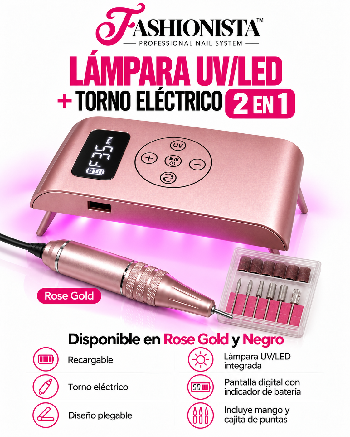 LÁMPARA UV/LED + TORNO ELÉCTRICO 2 EN 1 - (Rose Gold)