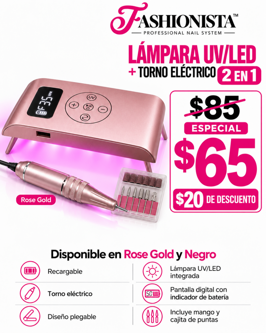 LÁMPARA UV/LED + TORNO ELÉCTRICO 2 EN 1