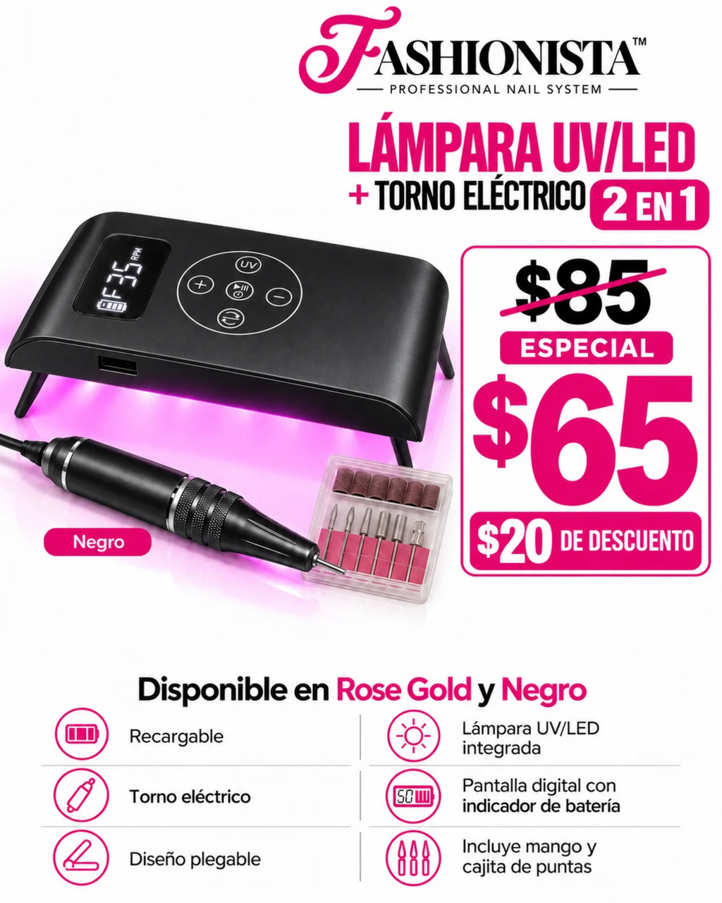 LÁMPARA UV/LED + TORNO ELÉCTRICO 2 EN 1